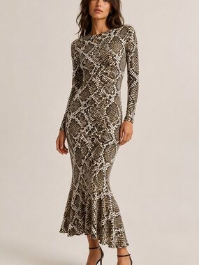 Norma Kamali Crew Fishtail Dress Scale Python Snake Print Maxi Dress S